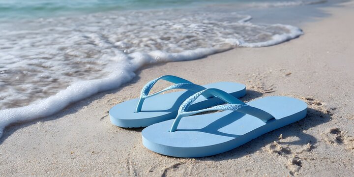 Light blue flip-flops resting on a sandy beach with gentle waves lapping at the shore.