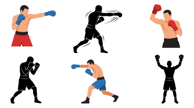 Set of vector collection featuring different boxer action poses, throwing jab punch, powerful hook punch, uppercut strike, defensive guard stance, dodging opponent