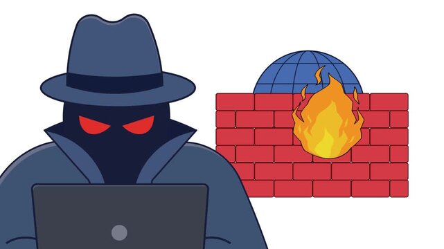 hacker bypassing firewall compromising network security animation