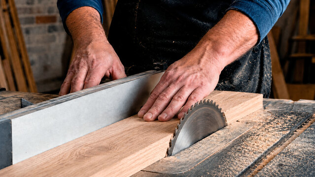 carpenter hands cutting wood with a table saw. Male worker in an apron using a circular saw in a woodworking workshop. Craftsmanship and manual labor concept