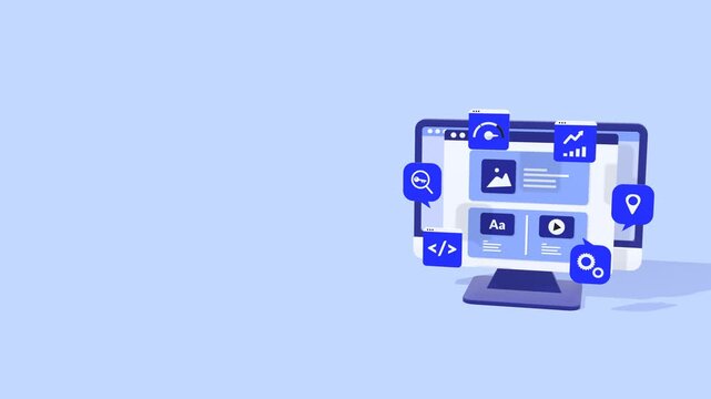 Animated SEO concept with copy space showing website optimization, search ranking improvement, digital marketing analysis, and performance tracking tools for online growth.