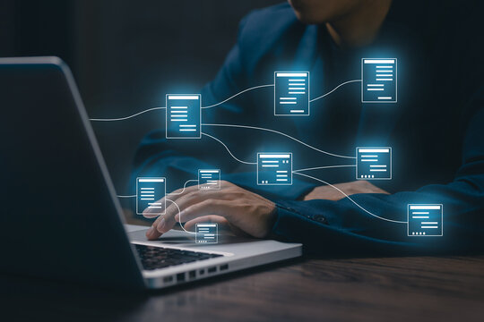 Database network management concept with connected digital documents and data flow on laptop, representing cloud storage, information architecture, system integration and business technology.
