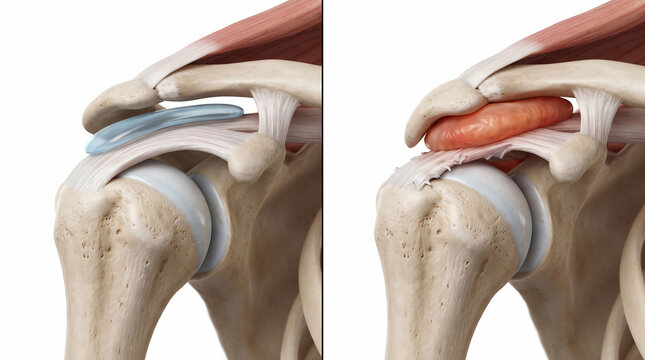 Medical Illustration of Shoulder Anatomy Comparison Showing Healthy Subacromial Bursa and Inflamed Bursitis Condition