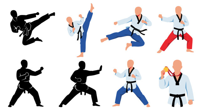 Professional vector collection featuring different taekwondo athlete action poses, spinning kick, high kick, jumping kick, defensive block, sparring stance, medal celebration
