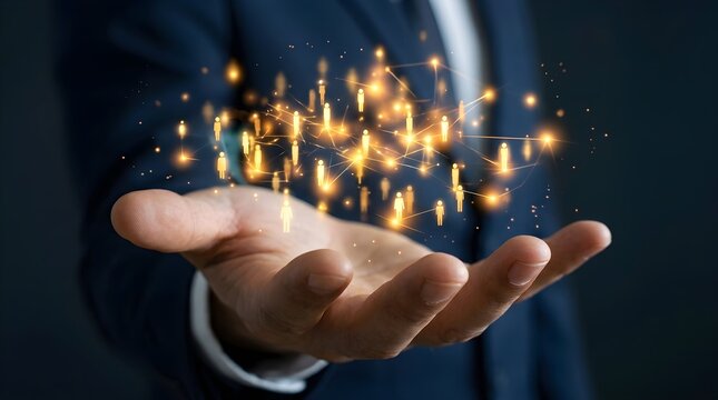 Businessman holding glowing network of digital people icons representing human resources and connection