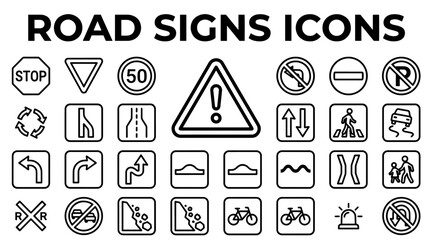 A comprehensive set of black and white road sign icons representing various traffic regulations and safety warnings. © MSTSUFIA