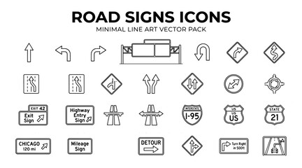A comprehensive vector set of black and white line art road signs depicting various traffic directions and symbols. © MSTSUFIA
