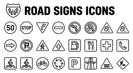 A comprehensive set of vector outline road signs and traffic symbols isolated on a white background for design. © MSTSUFIA