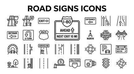A set of modern outline road signs and highway navigation icons representing traffic infrastructure and travel. © MSTSUFIA