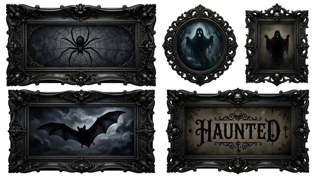 Collection of vintage gothic frames with spooky halloween themes
