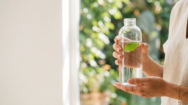 Close up view of elegant human hands holding transparent minimalist glass water container with blank unprinted surface filled with clear fresh water and green mint leaf sunlit foliage backdrop