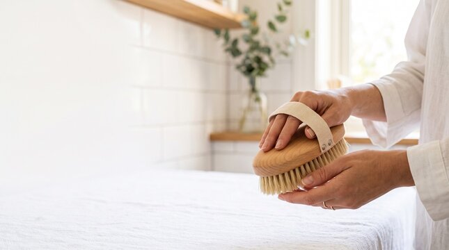 Clean lifestyle view of hands carefully holding traditional dry body brush with natural sisal bristles and light beechwood handle inside bright airy scandinavian style white bathroom layout
