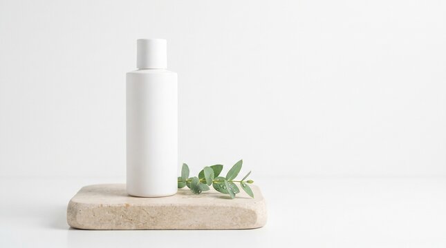 Minimalist matte white cosmetic container with blank unprinted surface on smooth light beige stone platform with fresh green eucalyptus branch and water droplets on solid pure white background layout
