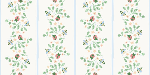 Seamless pattern of vertical running hand drawn cute garden bugs ladybug bee and leaves stripes  © Little Joy Designs