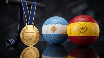 Fototapeta premium Argentina and Spain Themed Soccer Balls with Golden Championship Medal on Glass Table