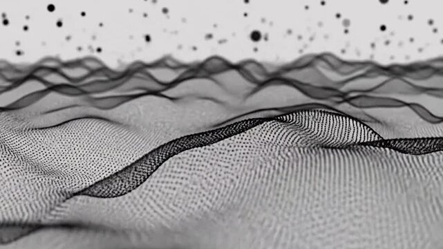 Abstract digital landscape with flowing particles and dark waves