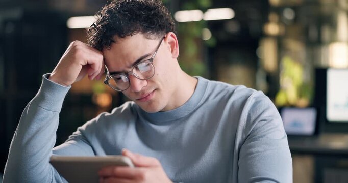 Man, glasses and doubt with tablet in office for reading engagement charts, bad metrics or graphs. Social media analyst, concerned person and reflection for issue, campaign performance or error