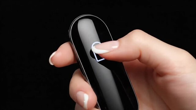 Close-up of a female hand pressing a glowing abstract button on a sleek black modern technology device or smart gadget.