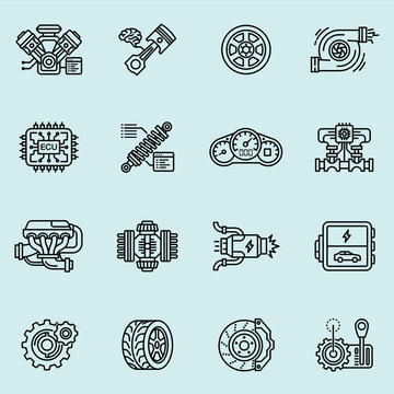 A collection of 16 high-quality linear icons representing automotive engineering, engine performance, car tuning, ECU, electric vehicles (EV), and mechanical parts. Perfect for mechanics, auto shops, 