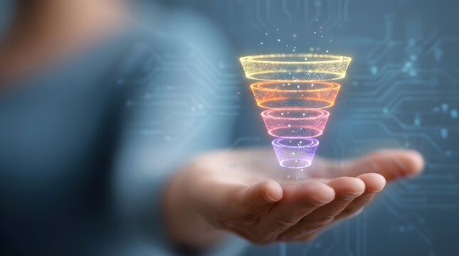 Digital Marketing Sales Funnel Concept Showing Customer Conversion Process and Business Growth Strategy with Glowing Holographic Data Visualization