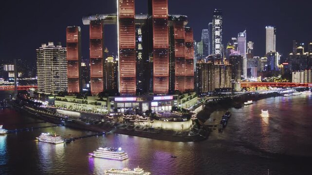 Chongqing cyberpunk city skyline with river 