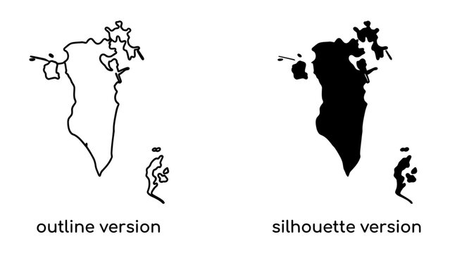 Bahrain Map Outline and Silhouette: A clear visual representation of Bahrain, presented in both an outline and a solid silhouette version, offering versatility for design and informational purposes.