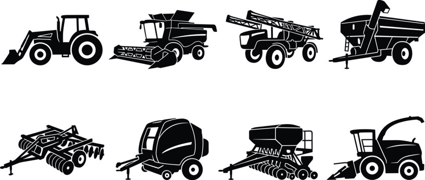 Agricultural Machinery Silhouette Icons of Farm Equipment for Planting, Harvesting, and Crop Processing