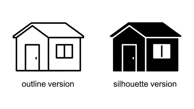 House Icon: Two simple house icons, one an outline and the other a solid silhouette, representing different graphic styles for a home symbol.