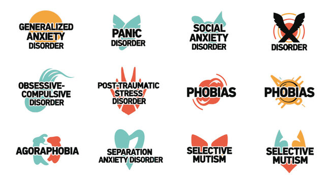 Clean vector graphics featuring stylized icons and text for various anxiety disorders, using a modern color palette of teal, orange, and red, conveying a sense of mental health