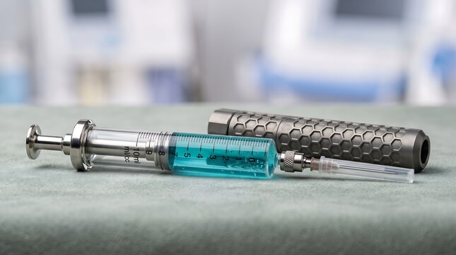 Medical Glass Syringe Filled with Blue Liquid and Metal Case