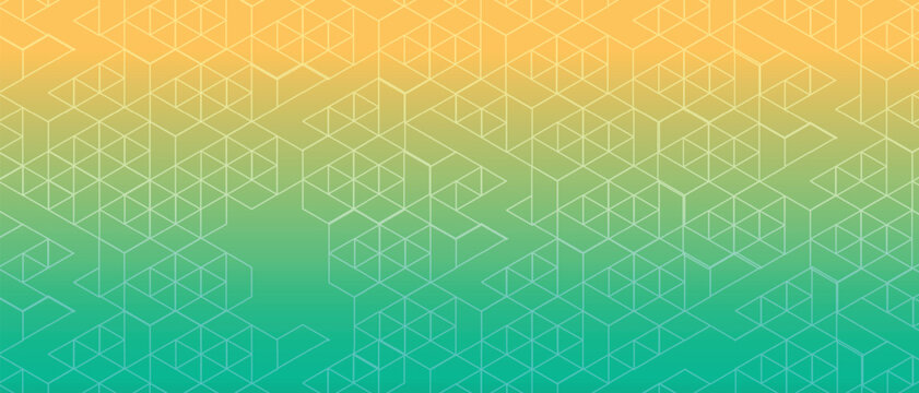 Abstract yellow and green gradient background with white isometric geometric line pattern representing digital technology network connection and blockchain concept.