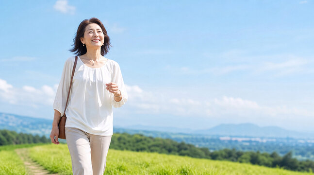 青空広がる見晴らしの良い丘の上を笑顔で歩くシニアの日本人女性