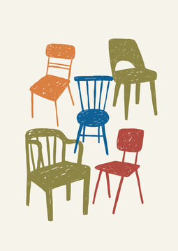 Hand drawn retro chair vector illustration. Vintage print in doodle style. 