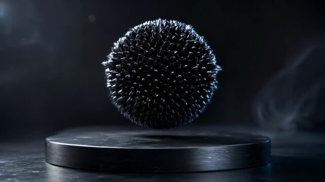 Levitating black ferrofluid sphere with spikes above dark pedestal  