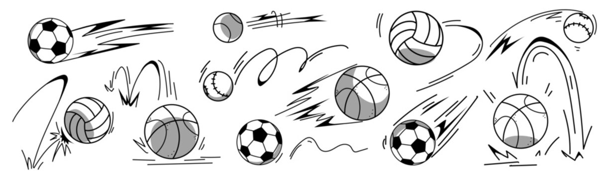 Hand drawn soccer, tennis ball bouncing icons with dynamic motion lines, speed trails. Doodle sketch sport equipment illustration with energetic jump movement, spin pitch effect and shoot trajectory