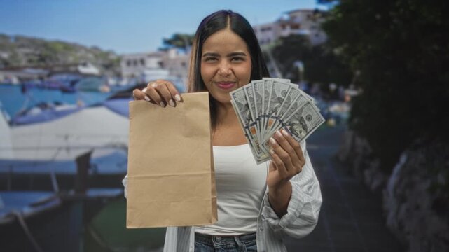 Woman holds brown paper bag in left hand and fans us dollar bills with right hand while smiling and slightly pointing on street by marina; success.