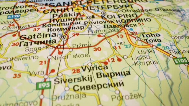 st petersburg, russia road network on detailed printed map, gliding view