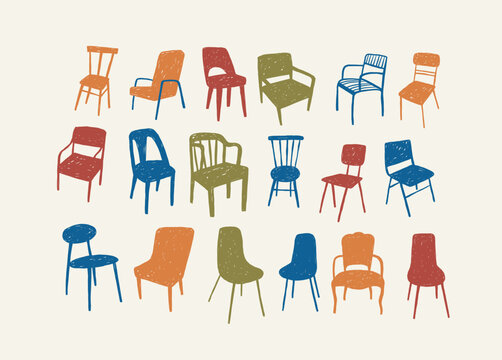 Hand drawn retro chair vector illustration. Vintage print in doodle style. 