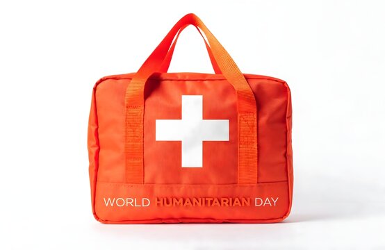 Red medical aid emergency kit bag on a white background with health care