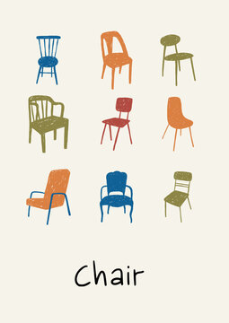 Hand drawn retro chair vector illustration. Vintage print in doodle style. 