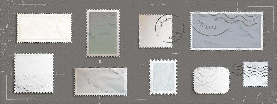 Vintage post stamp borders isolated on transparent background. Vector realistic illustration, classic postage frames for letter, mail or delivery service designs, old postal stickers with aged texture