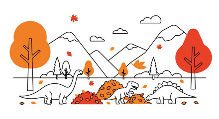 Dinosaurs in an autumn landscape with mountains and trees © afriza