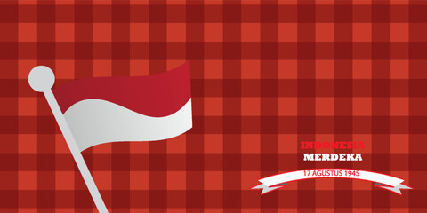 Fototapeta premium Modern Indonesian Independence Day background with waving national flags and red plaid pattern, suitable for posters, banners, and promotional materials.