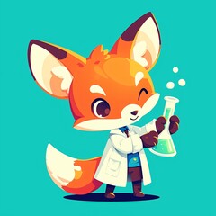 Fototapeta premium Cute fox doctor wearing a white lab coat holding a chemical glass beaker. Cartoon animal scientist doing research with bubbly liquid. Vector illustration for sticker and greeting card.