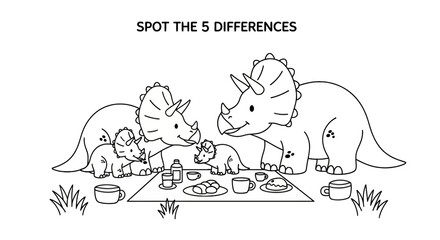 Spot the differences puzzle with triceratops family picnic © afriza