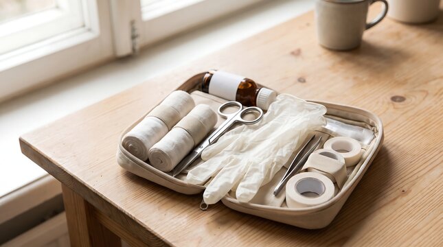 Open first aid kit with medical supplies on a wooden table.
