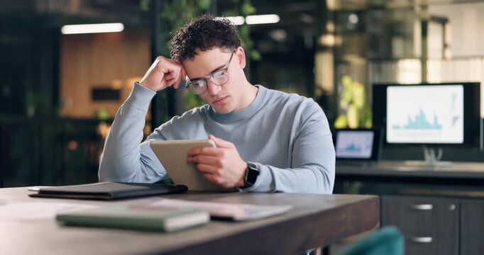 Man, glasses and concern with tablet in office for reading engagement charts, bad metrics or graphs. Social media analyst, creative person and reflection for issue, campaign performance or error