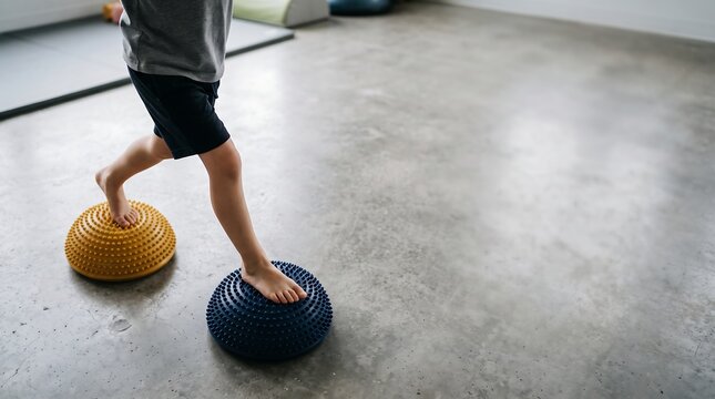 Child stepping on balance pods during physical therapy session