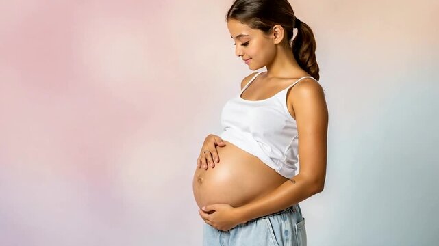 Pregnant woman gently touching belly with joy and anticipation