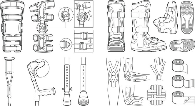 Set of orthopedic medical equipment icons including knee braces, walking boots, crutches, and kinesiology tape applications.